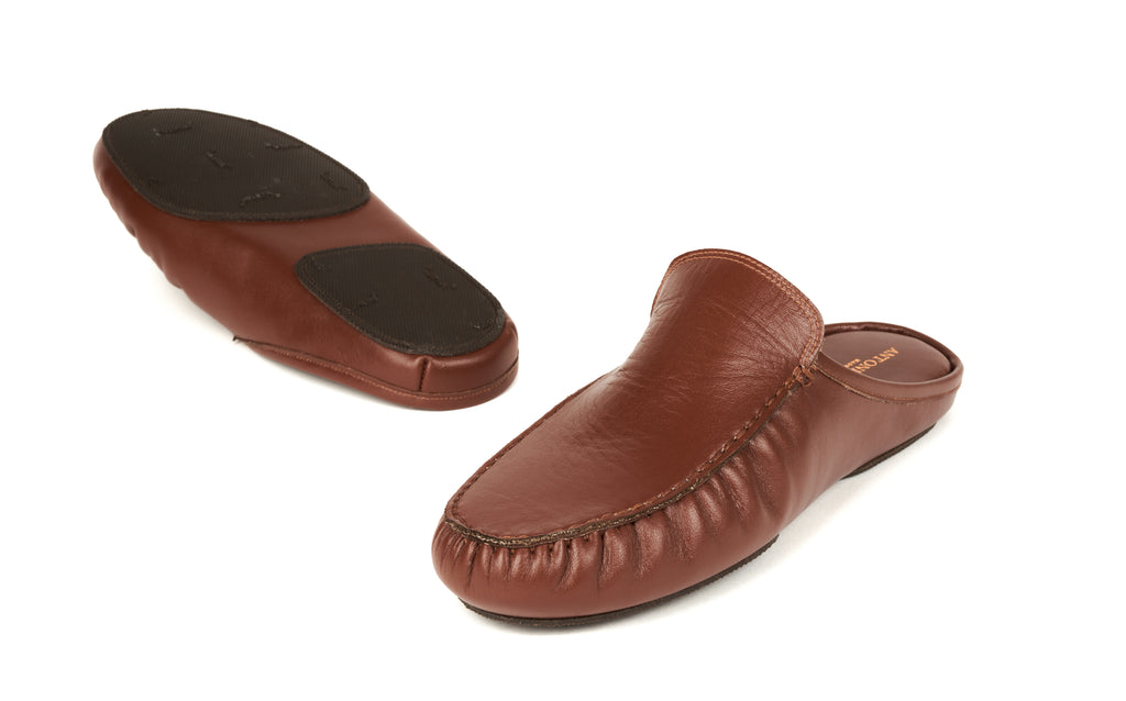 antonio conti leather house shoes slippers slip on mules men man brown bruin leder lederen pantoffels