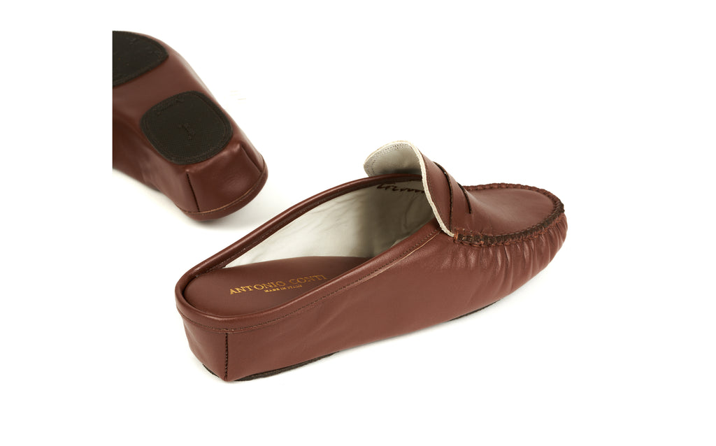 antonio conti luxury leather house shoes slippers slip on mules women ladies brown bruin leer leder lederen pantoffels