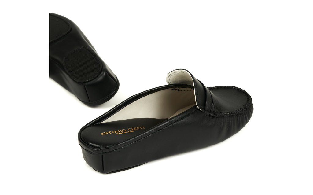 antonio conti luxury leather house shoes slippers slip on mules women ladies black zwart leer leder lederen pantoffels